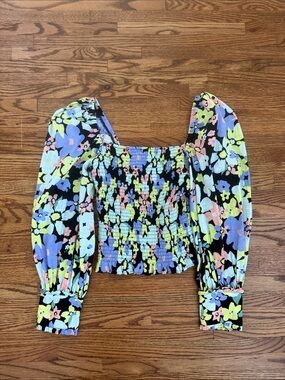 Free People Black Floral Smocked Square-Neck Puff Sleeve Crop Top